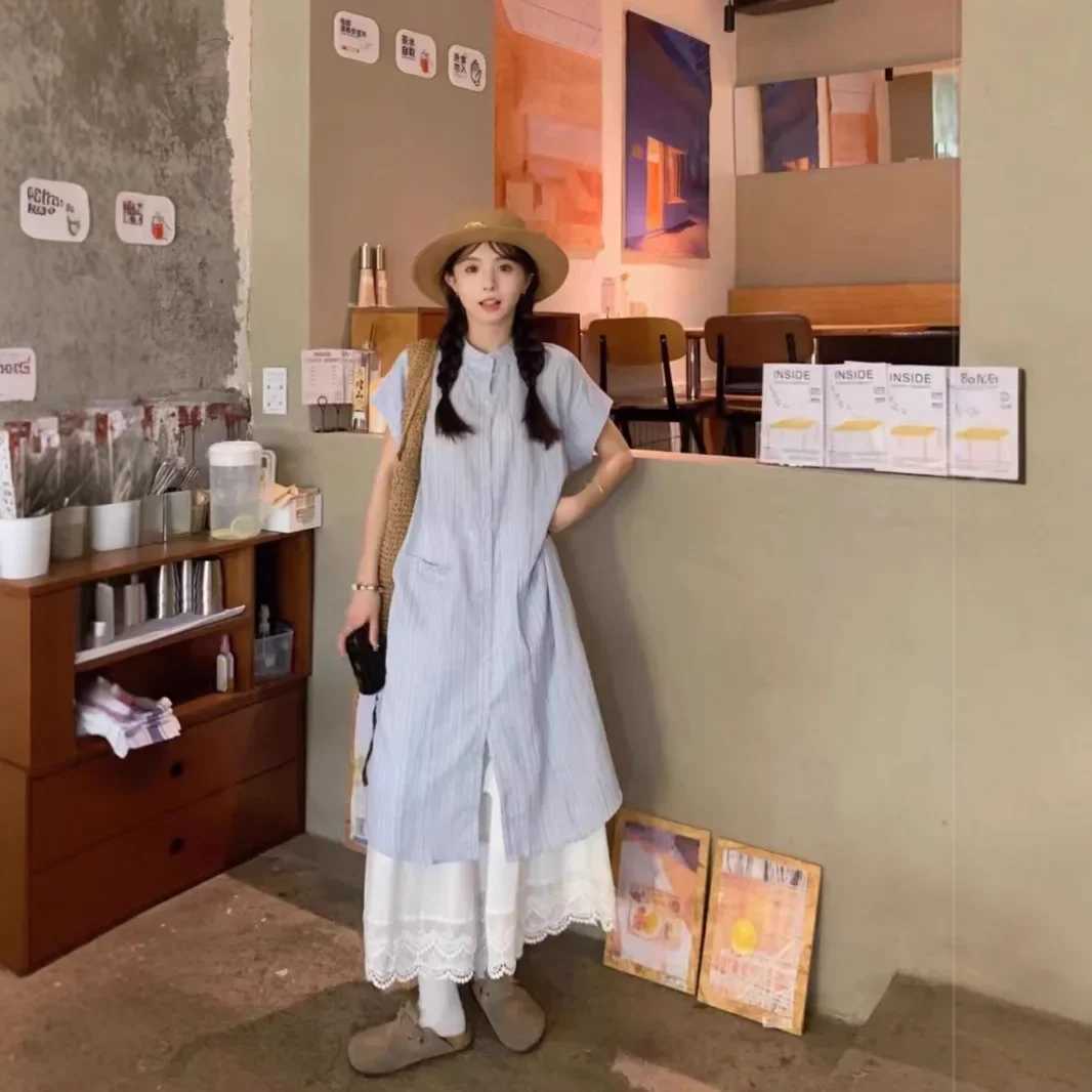 Blue striped short Sve dress for womens summer new Korean style loose Midi two-piece set casual comfortable and fashionableXJ250414