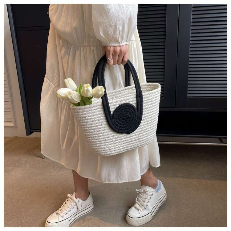 Handmade Beach Bag 2024 New Woven Simplified Retrofit Grass Knitted Handbag Oblique Cross Holiday Cotton Rope Commuter Tote Women's Bag Kq2