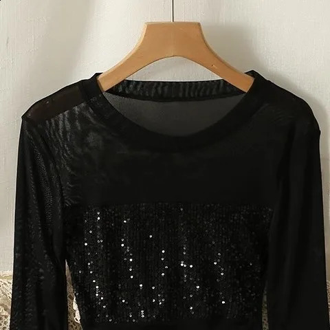 French patchwork mesh long sleeved womens autumn slim fit top 250407