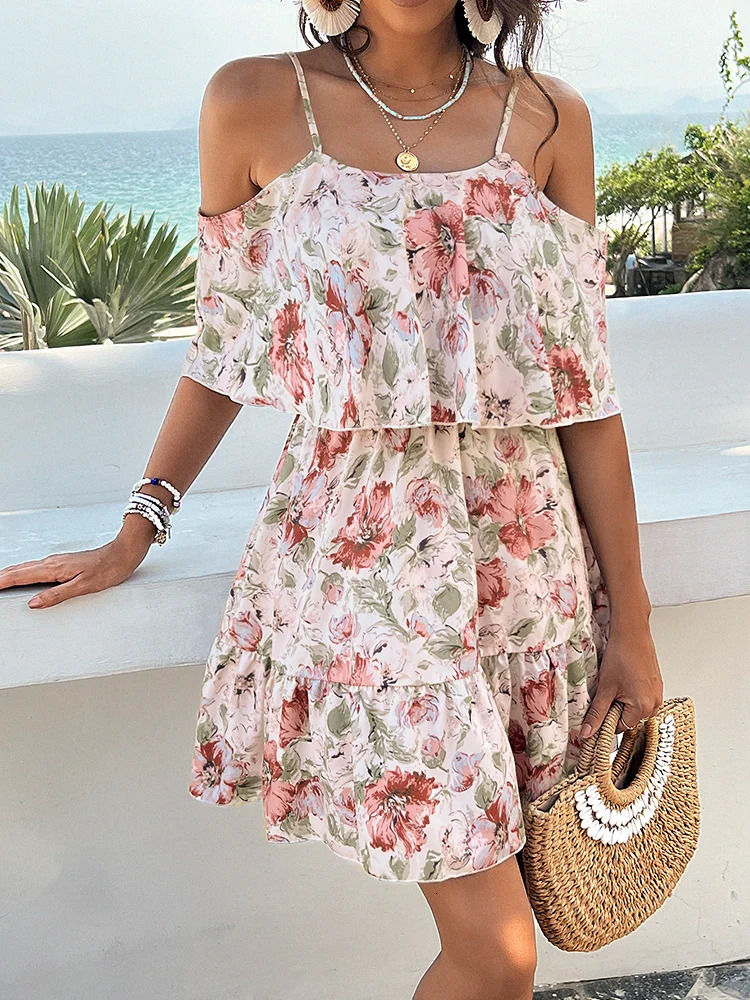 2025 Trend Fairycore Pendant Mini Dress Flower Printed Double Flow Romantic Holiday Shoulder Beach Wear 250414