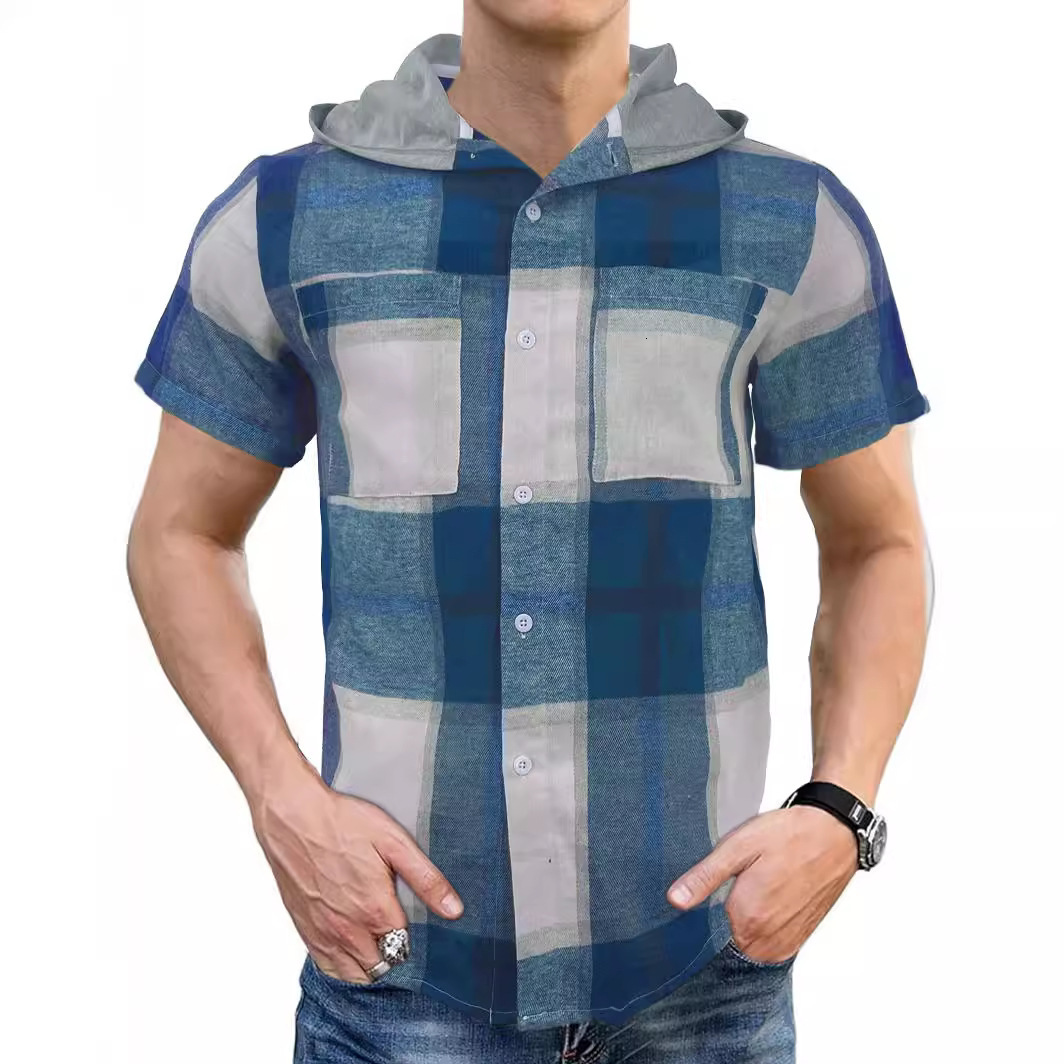 2025 summer new men's plaid short sleeved T-shirt casual hooded button up cardigan shirt