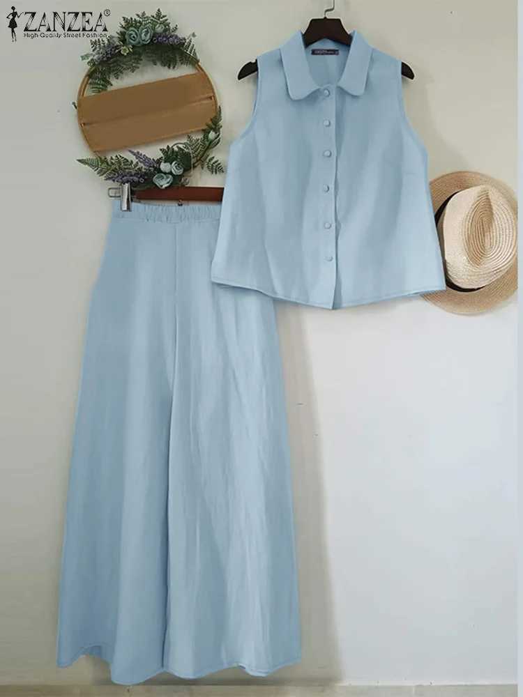 2025 ZANZEA Summer Cashless Shirt Wide Leg Pants Set Ele OL Matching Set 2-piece Womens Dress Casual Loose Mens SetXJ250414