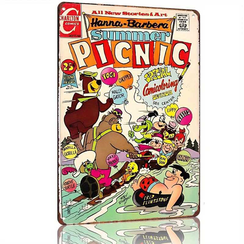 Vintage Hanna-Barbera Summer Picnic Metal Tin Sign - Retro Cartoon Bears Design for Home Bar Cafe Garage Garden DecorM251114