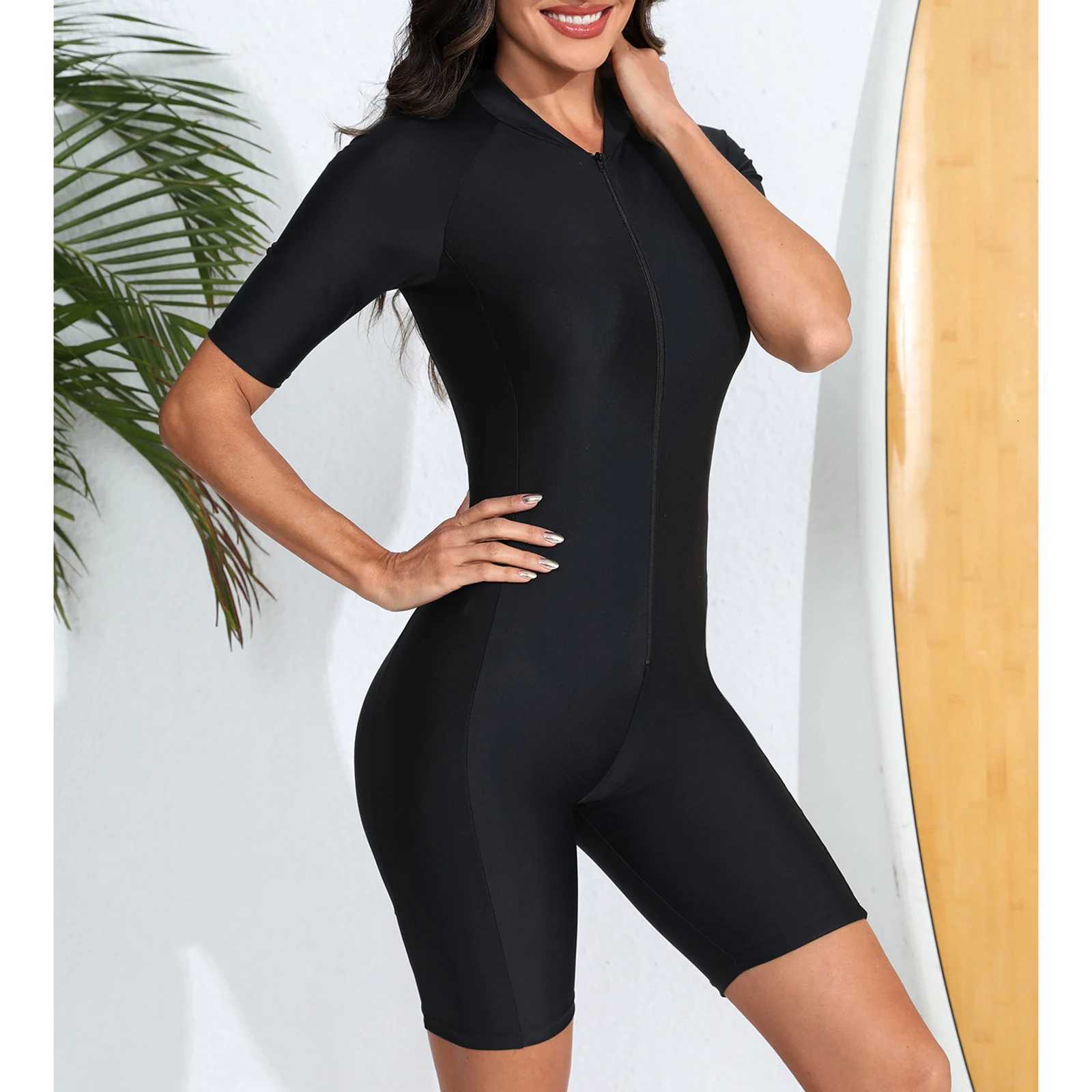 Athletic One Piece Swimsuits for Women Boy Leg Swimwear Front Zip Surfing Wetsuit Jumpsuit Beachwear Rushguard Bathing SuitW251113