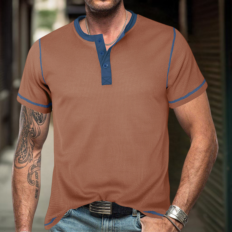 Ins2024 Summer Mens Henleys Shirt Short Sleeve T-shirt Mens American Waffle Color blocked Henleys