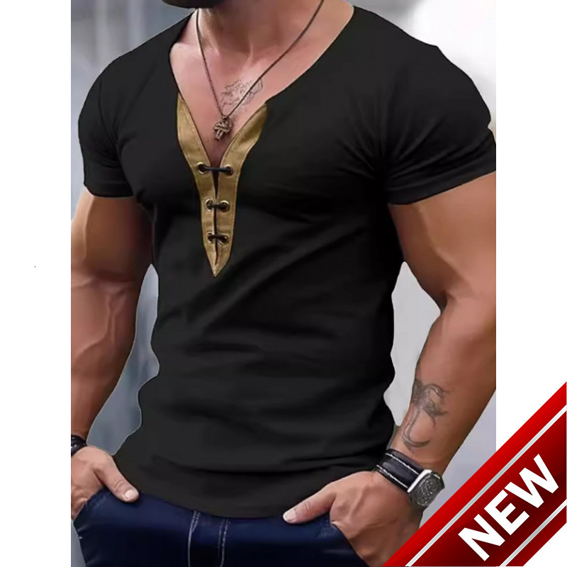 Spring mens V-neck sports fitness casual short sleeved shirt single American washed T-shirt