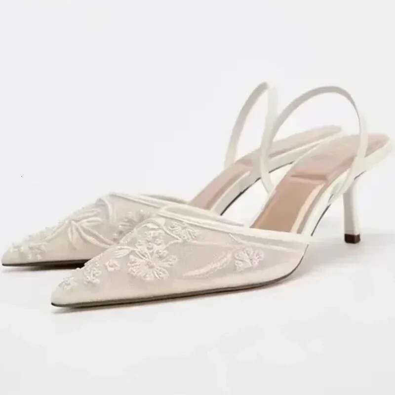 Mesh Embroidered Brand Sandals String Bead Thin Heels Mules Shoes Pointed Toe Sgback Slippers Women atos De Mujer