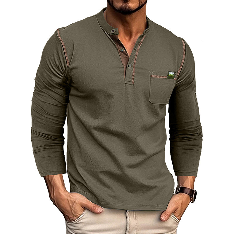 2025 mens Henry shirt long sleeved T-shirt mens color blocked knitted T-shirt men