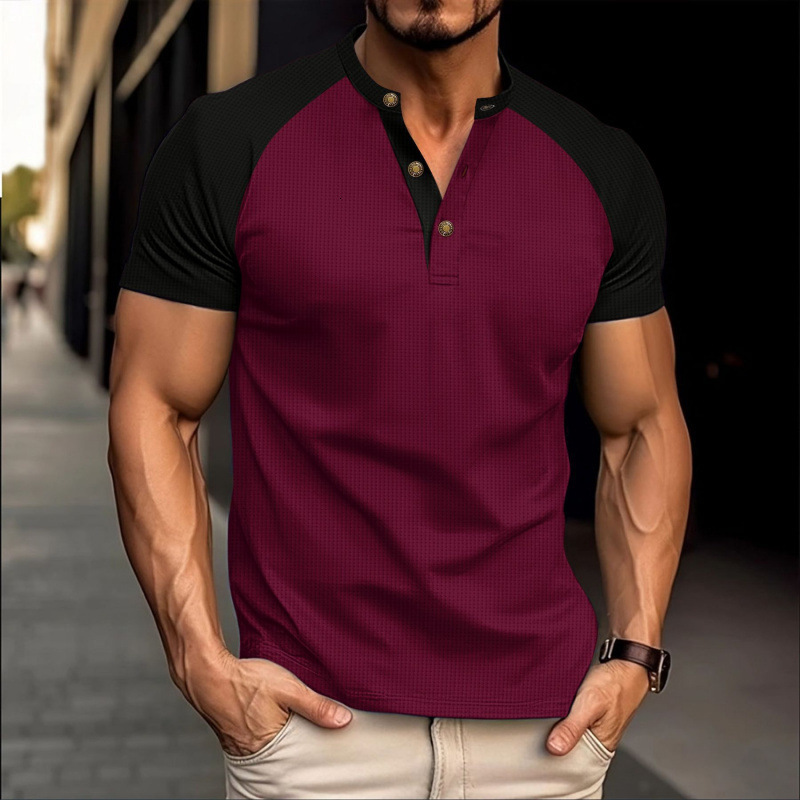 2025 Mens Summer Waffle Round Neck Short sleeved T-shirt with slim fit and breathable pullover for casual short sleeved wear