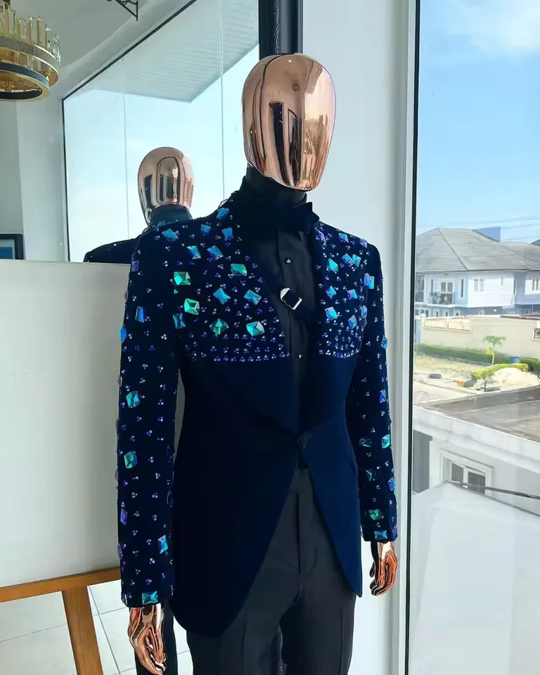 Elegant Men's Suit Tailored Crystal Shawl Lapel Blazers 2 Pieces Set Beading Groom Jacket One Button Custom Made Prom Party Coat Jacket Black Pan