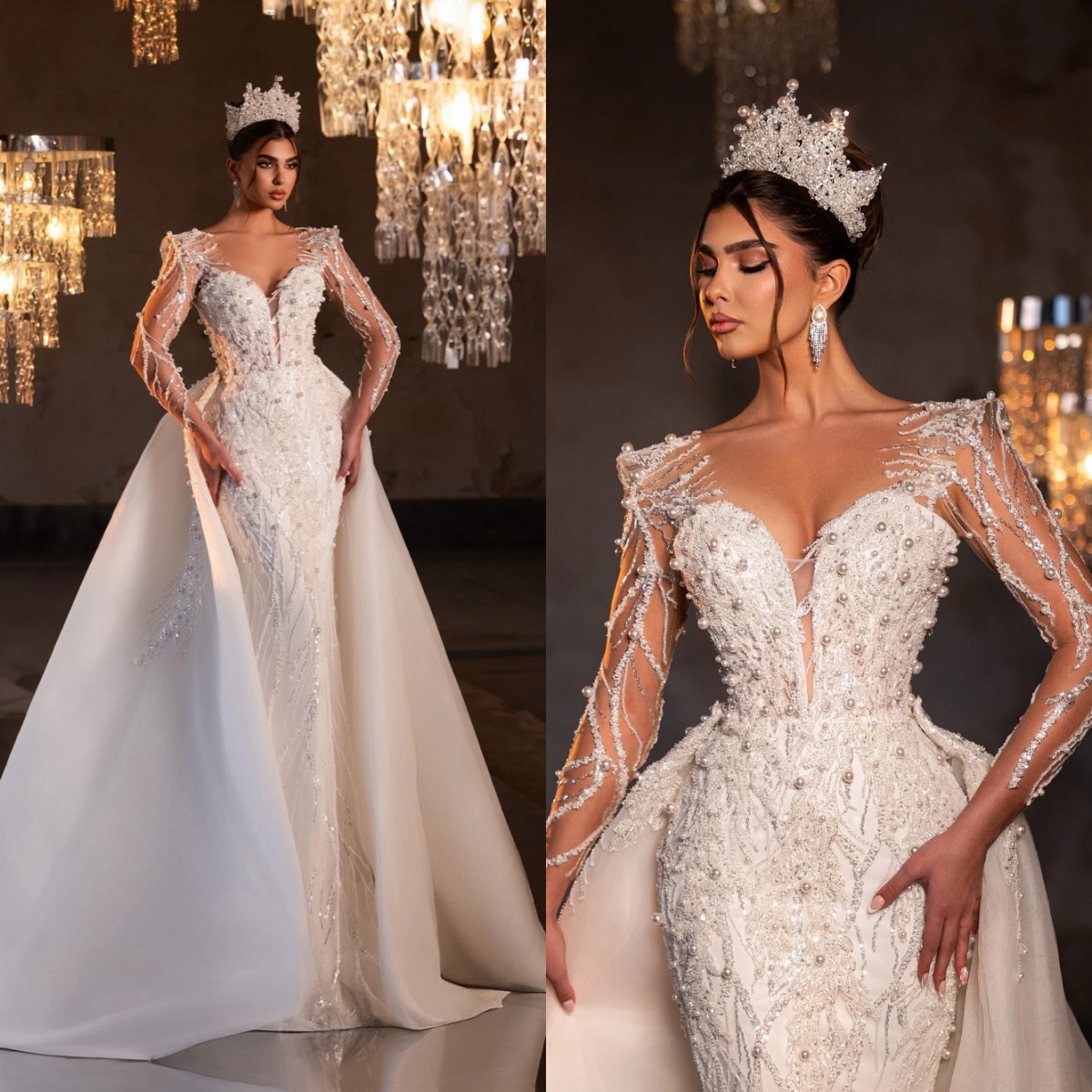 Luxurious Mermaid Wedding Dress Sheer Neck Long Sleeves Bridal Gowns Sequins Pearls Beaded Detachable Train Dresses Custom Made vestidos de novia