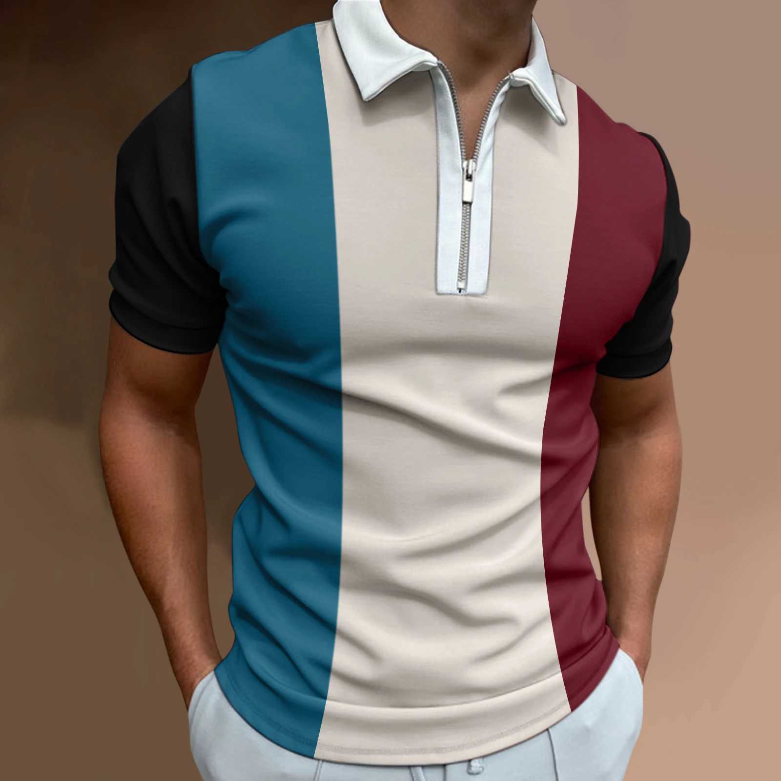 Mens solid color striped polo shirt short sleeved golf lapel zipper polo shirt and mens casual streetwear summer top W250414