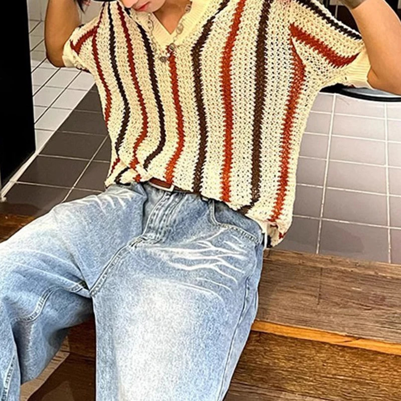 Streetwear Vintage Y2K Mens Tops Spring Summer Stylish Striped Hollow Out Polo Shirt For Men Casual Short Sleeve Lapel T Shirts 250411