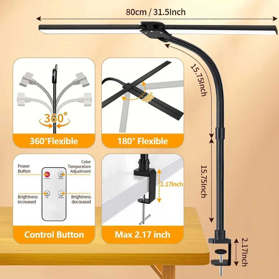 24W Ultra Bright Double Head LED Desk Lamp Eye-Caring Reading Light with Remote Control 5 Color Temperature Settings 10 Level M251114