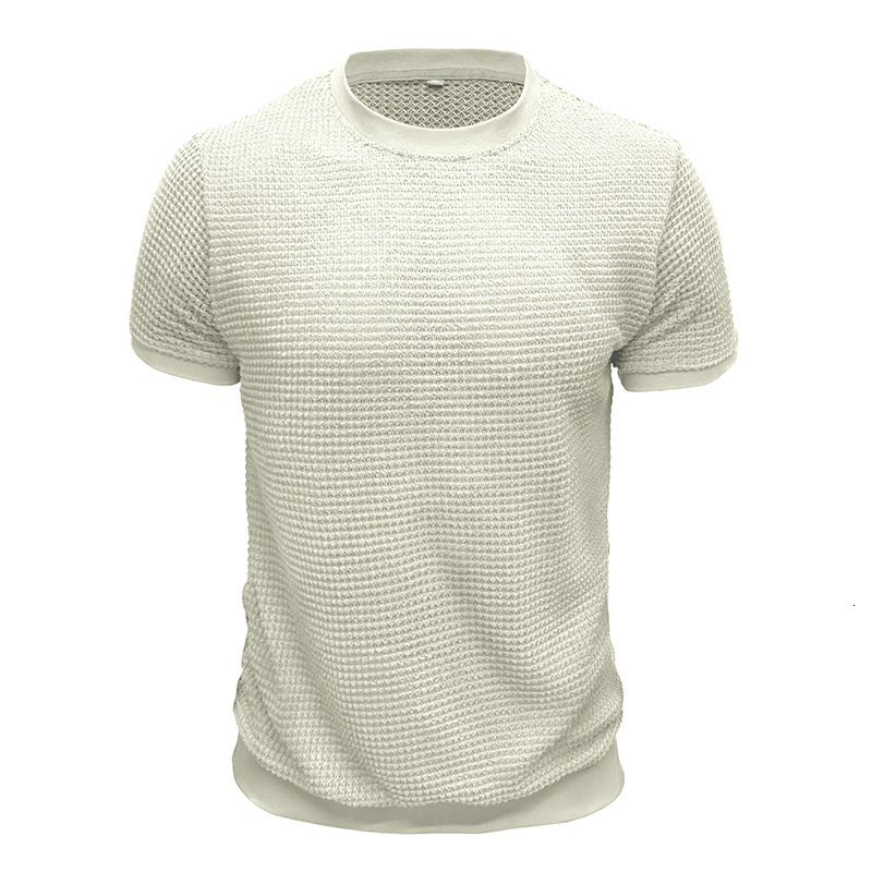 Summer new mens short sleeved knitted T-shirt top with round neck ribbed pullover