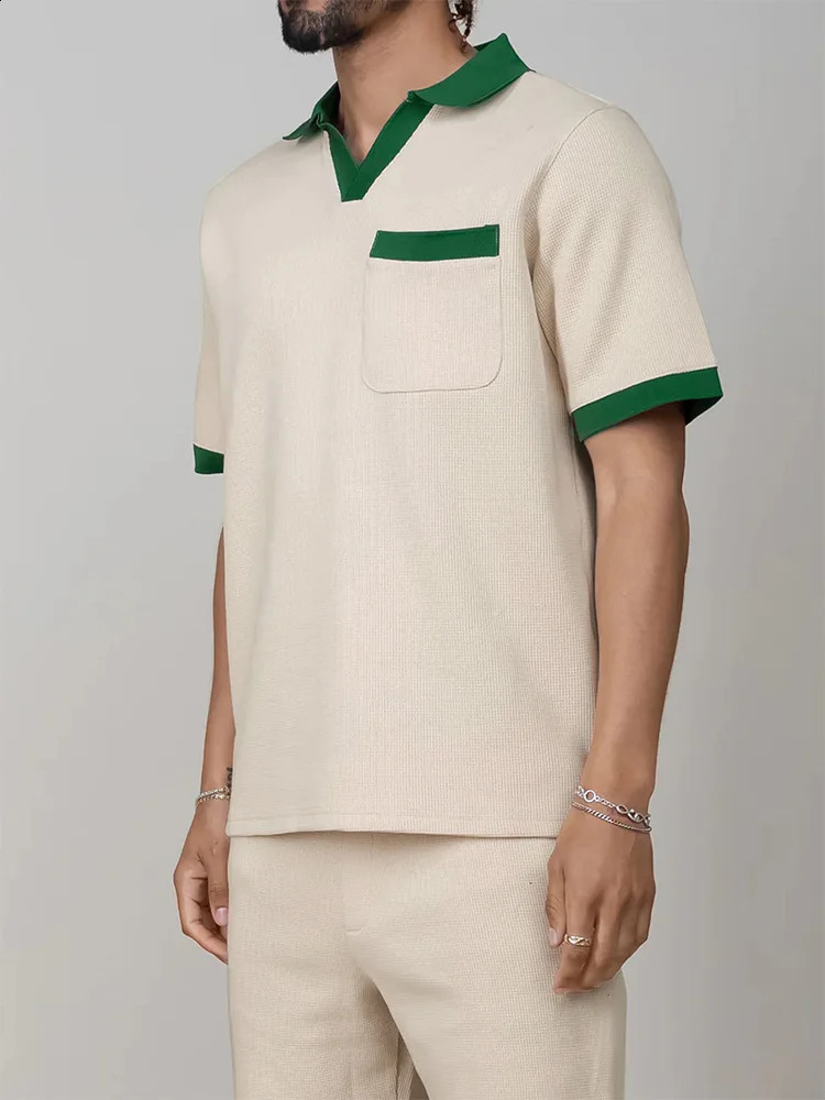 Streetwear Mens Fashion Two Piece Suits Patchwork Lapel Short Sleeve Polo Shirts And Shorts Outfits Men Summer Casual Loose Sets 250409