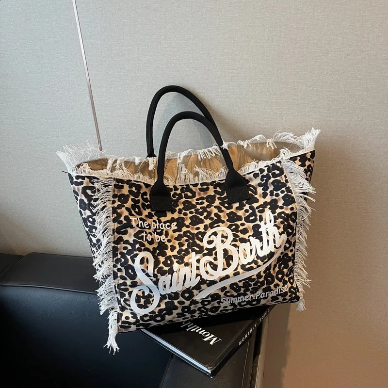 tote bag for women large capacity casual travel leopard print canvas handmade tassel handbag 250410