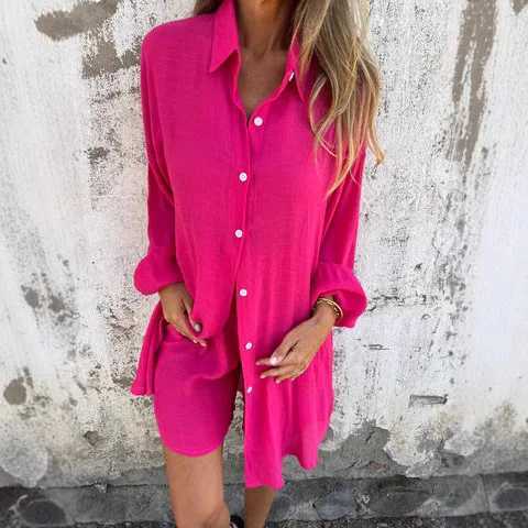 New casual solid color cotton linen set womens spring/summer 2025 shorts long striped shirt two loose fitting setsXJ250414