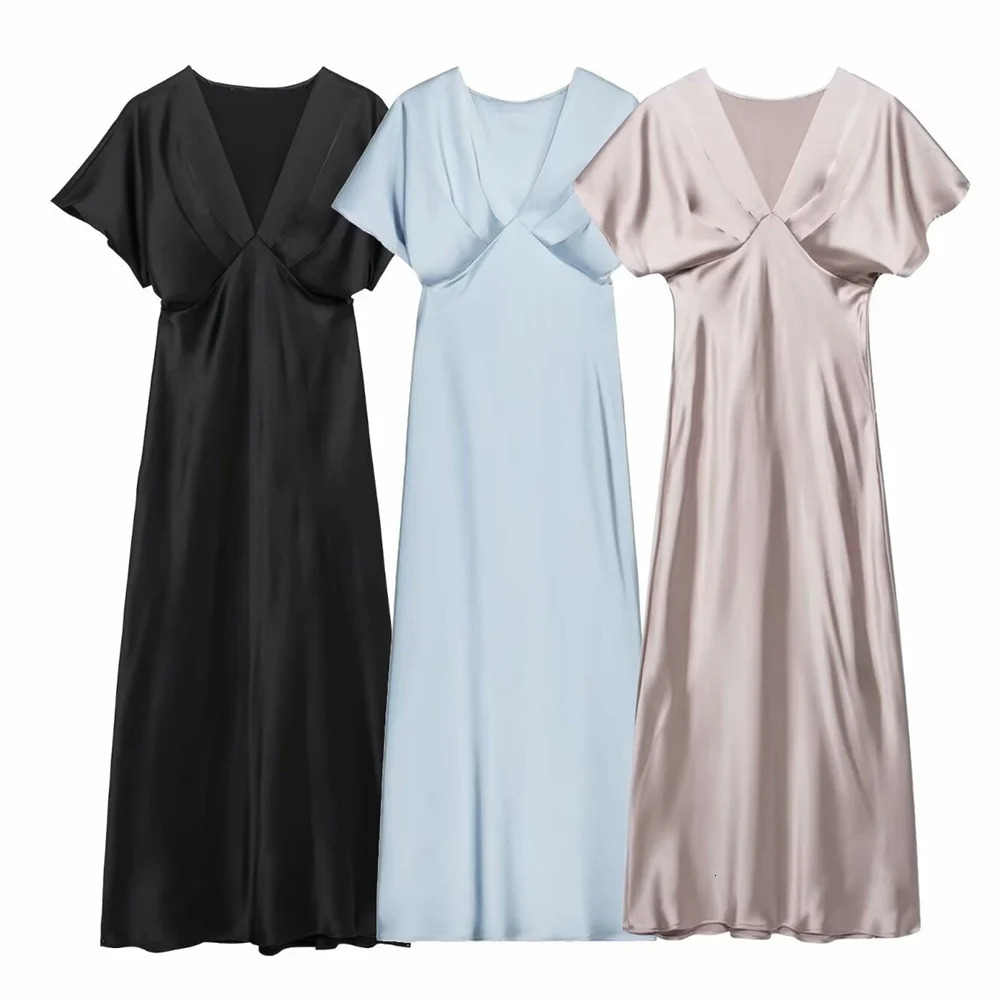 PB ZA 2025 Womens Elegant Satin Dress with Flute Sleeves Deep Vneck Midi Length Suitable for Various Occasions 250414Z