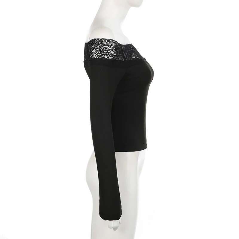 CIBBAR Black Lace ed Slash Neck Crop Top Elegant Sexy Skinny Long Sleeve T Shirts for Women Haruku Y2k Spring Tees Basic