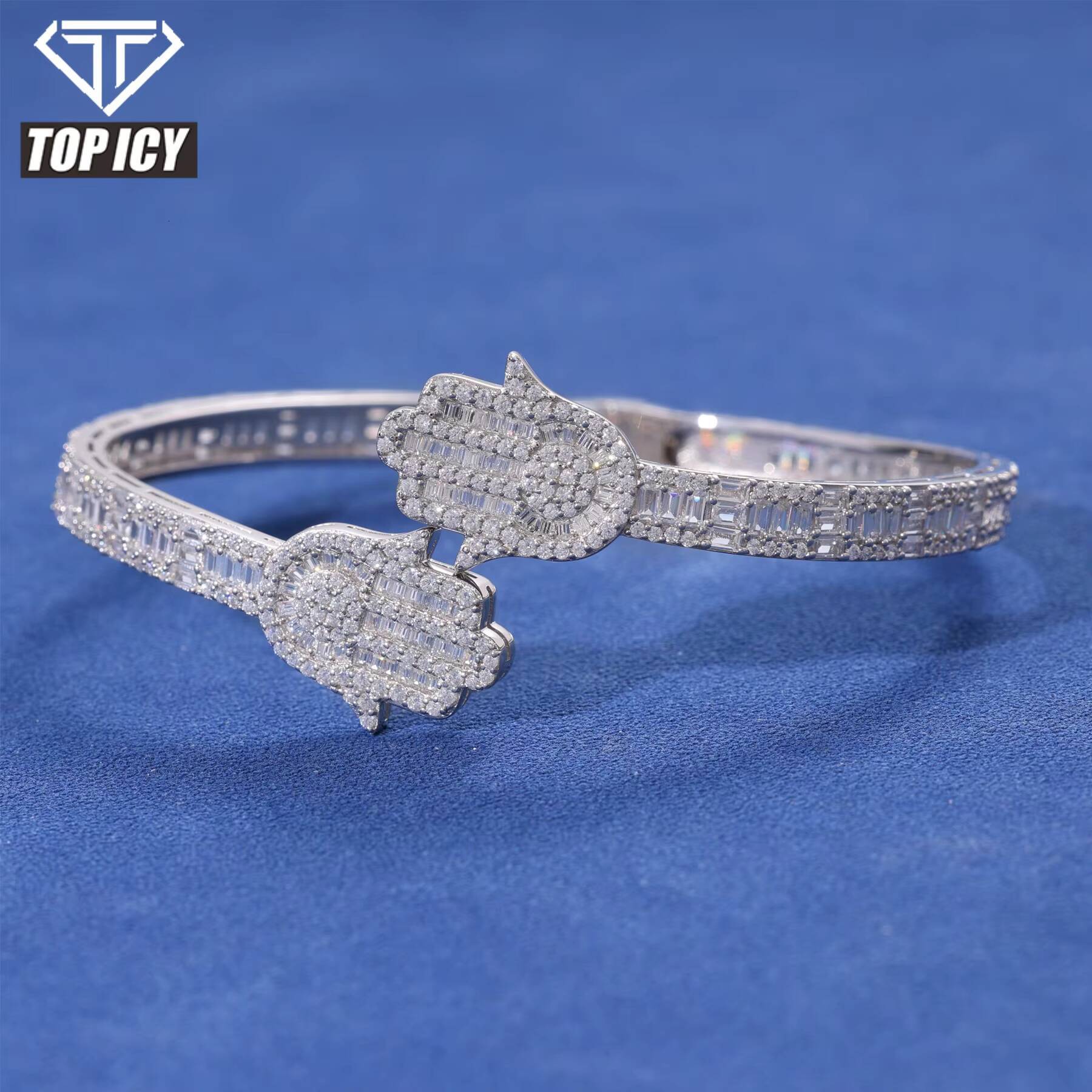 High Quality Hip Hop Jewelry Iced Out Hamsa Hand Bangle Bracelet 925 Sterling Silver Baguette Moissanite Diamond Bangle