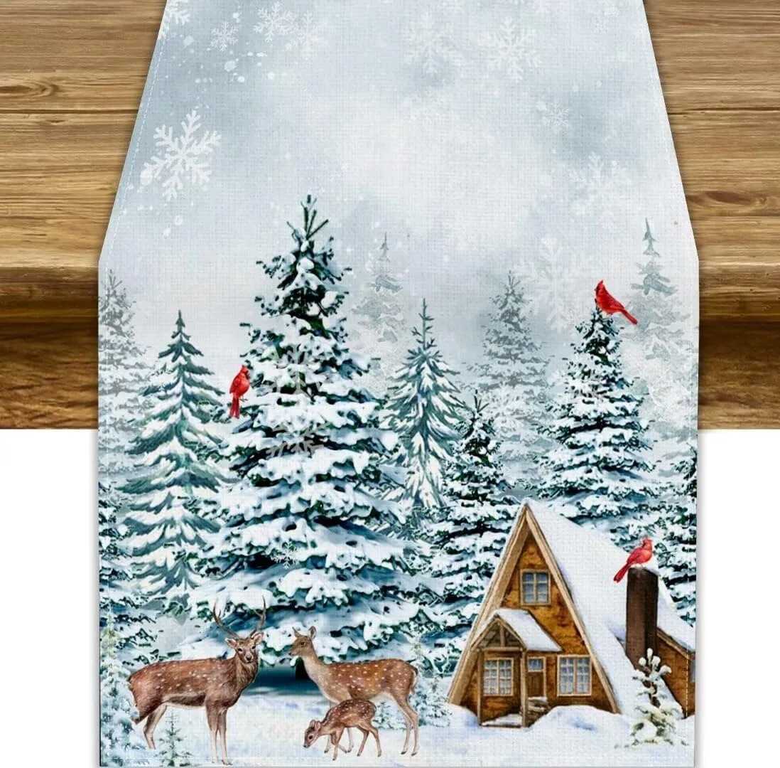 Christmas Festive Christmas table flag Winter Forest Scene with Deer Cardinals New Year home party decoration Y251113