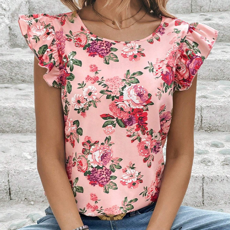 Womens shirt 2025 summer vacation style flower print shirt lotus leaf short sleeved top