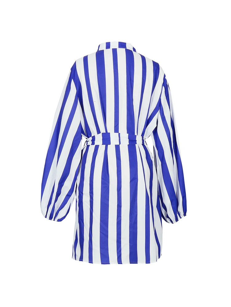 Plus size womens deep Vneck autumn striped long sleeved Tshirt party club tie mini dress blue polyester fiber 250411