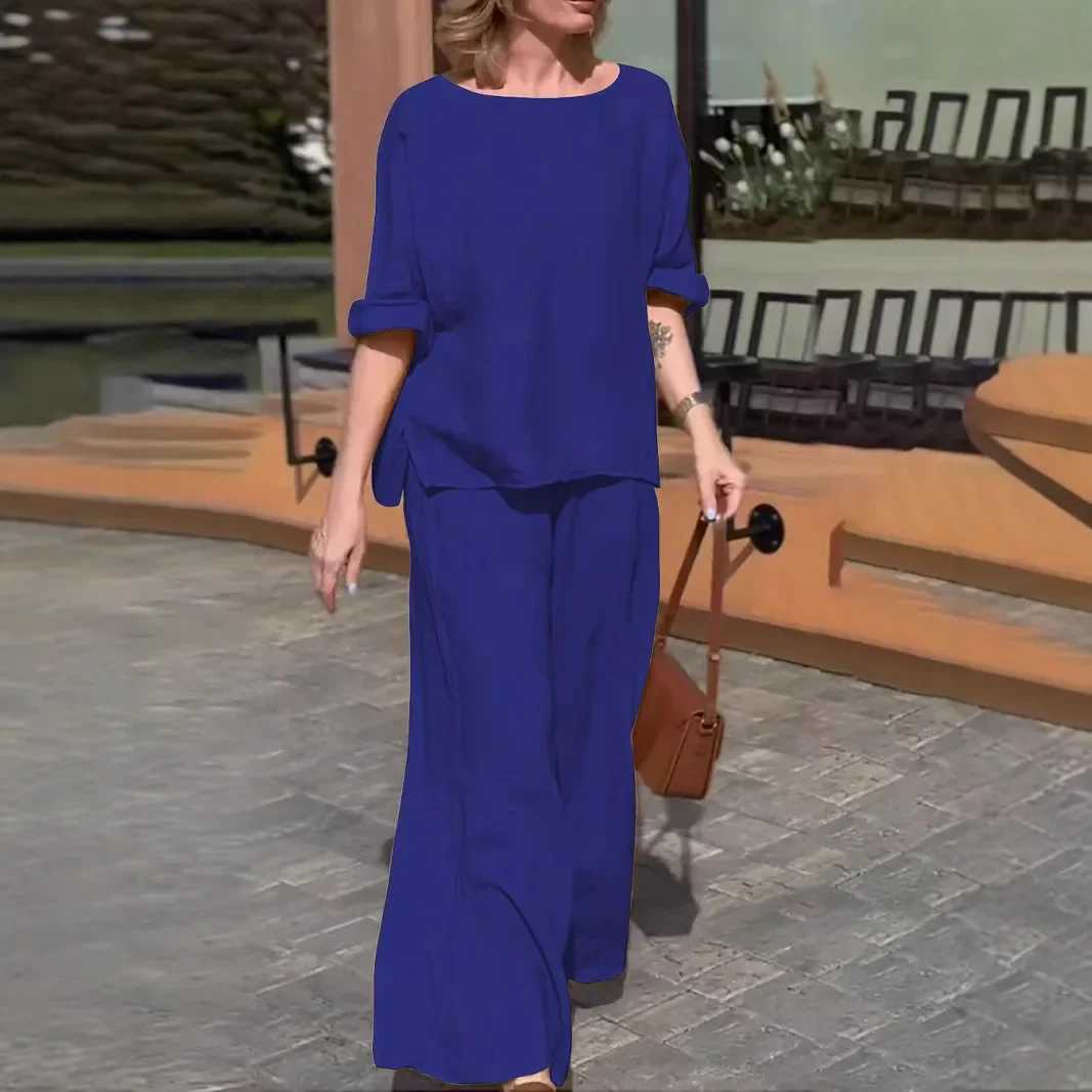 Womens comfortable cotton linen set loose pants two-piece set solid color casual spring and summer new styleXJ250414