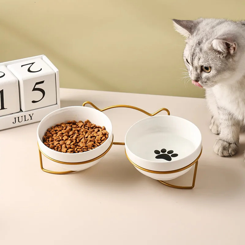 500ML pet ceramic bowl kitten puppy ceramic bowl water dispenser cat food bowl dispenser with lifting frame 250414