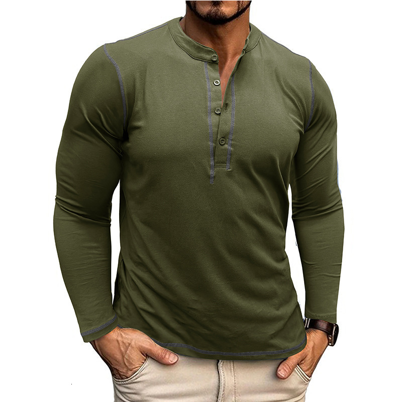 Autumn and winter mens long sleeved Henry shirt mens color blocked round neck T-shirt top
