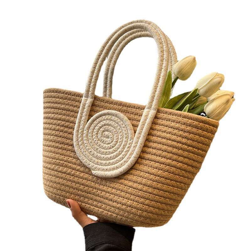 Handmade Beach Bag 2024 New Woven Simplified Retrofit Grass Knitted Handbag Oblique Cross Holiday Cotton Rope Commuter Tote Women's Bag Kq2