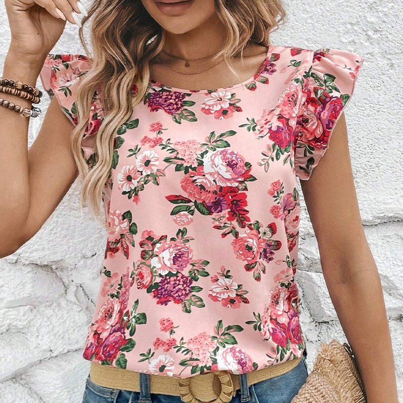 Womens shirt 2025 summer vacation style flower print shirt lotus leaf short sleeved top