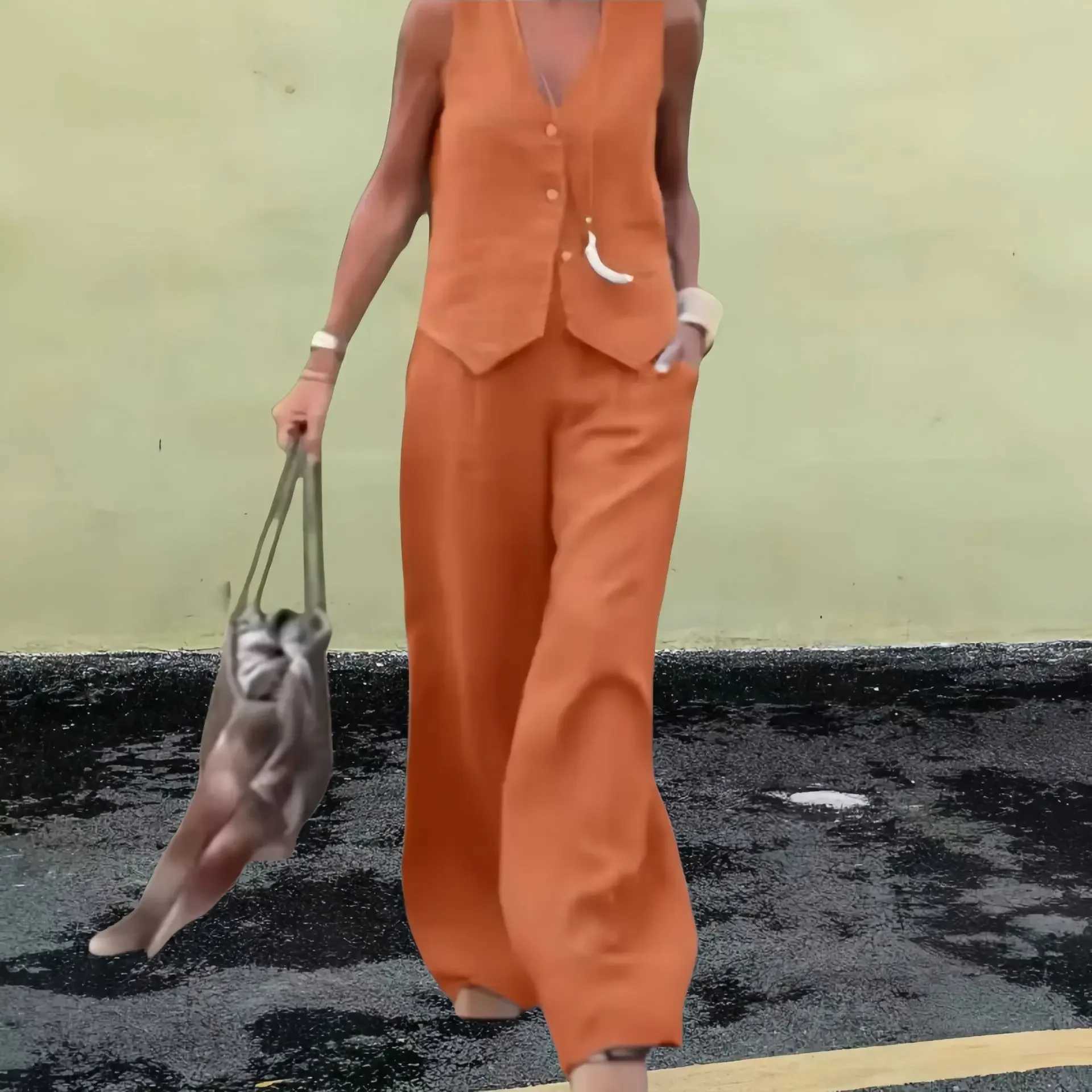 2024 Fashion Crossover New Solid Color Womens Set Tank Top Trouser Splicing Work Leisure 2-piece SetXJ250414