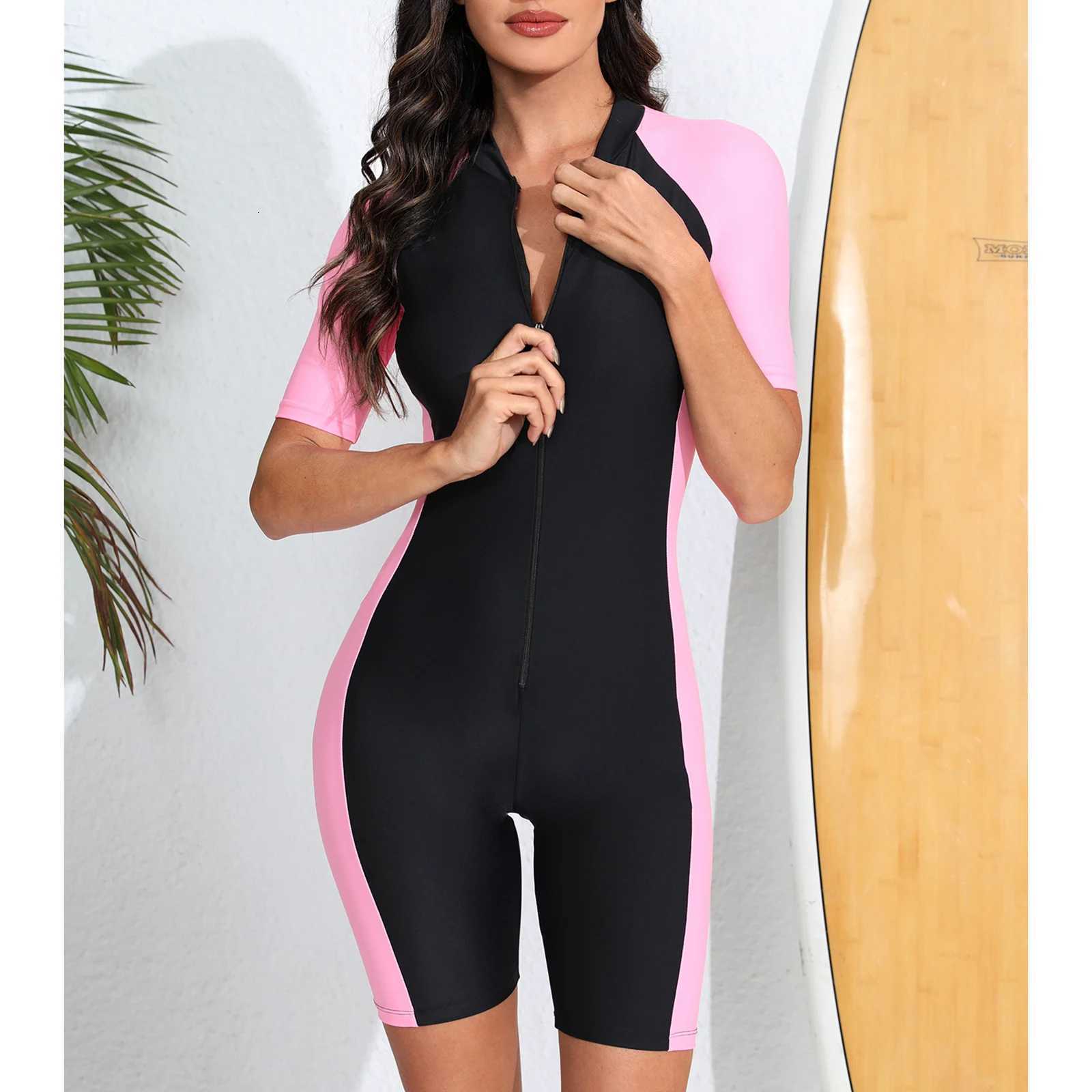 Athletic One Piece Swimsuits for Women Boy Leg Swimwear Front Zip Surfing Wetsuit Jumpsuit Beachwear Rushguard Bathing SuitW251113