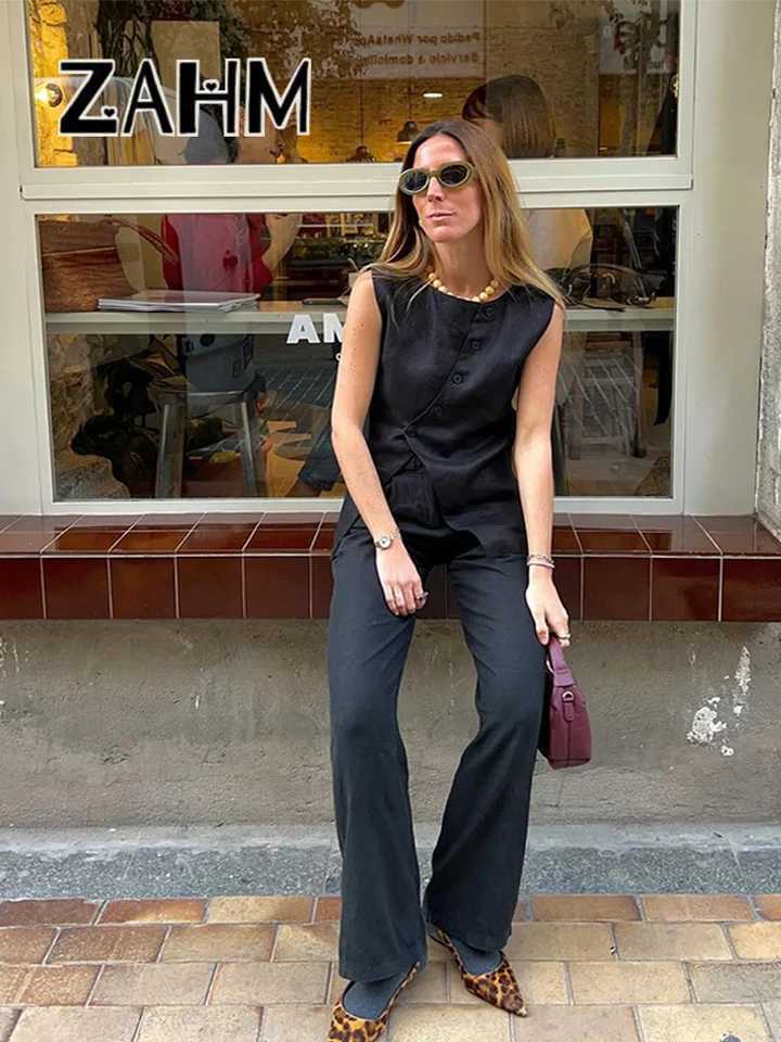 Ele asymmetrical vest pants set womens solid O-neck strapless top Drstring wide leg pants 2025 summer womens new setXJ250414