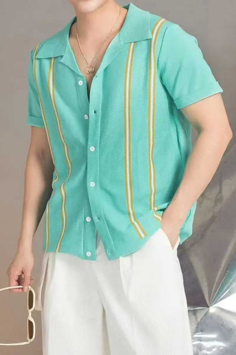 Summer 2025 Cuban collar retro striped polo shirt mens flip collar knitted ice silk short sleeved casual business T-shirt W250414