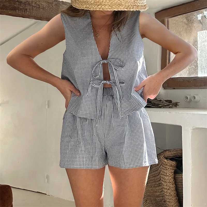 Womens 2-piece shorts set plain weave lace V-neck strapless vest elastic waistband shorts casual wearXJ250414