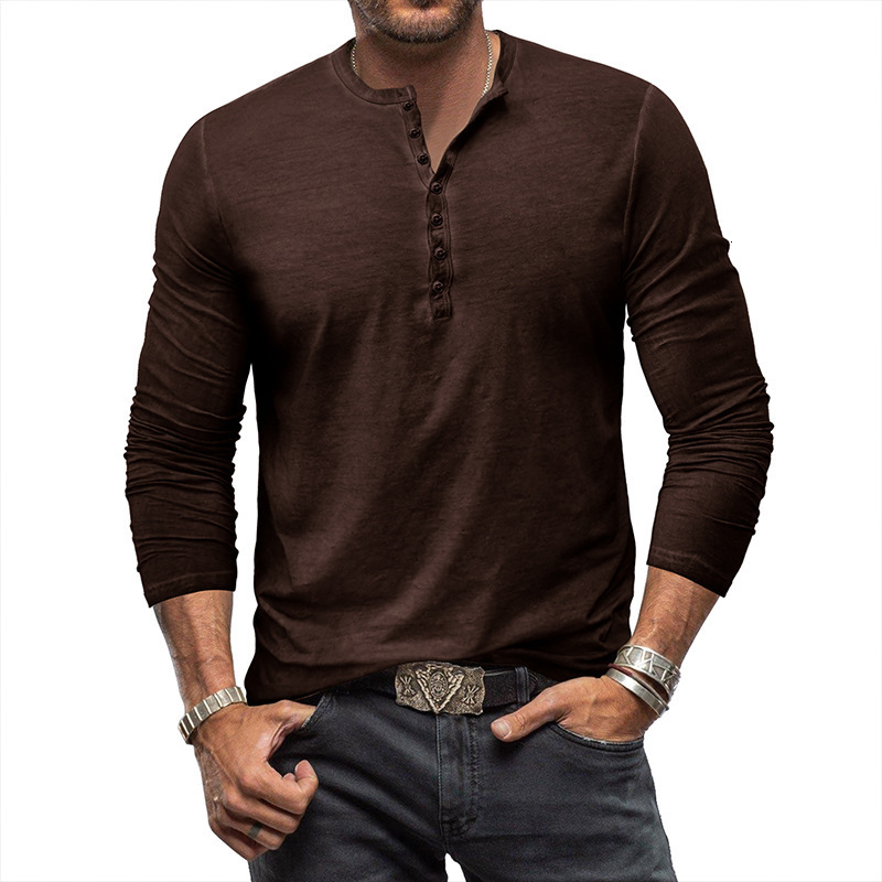 Mens antique henley shirt long sleeved T-shirt Mens button washed worn V-neck T-shirt shirt
