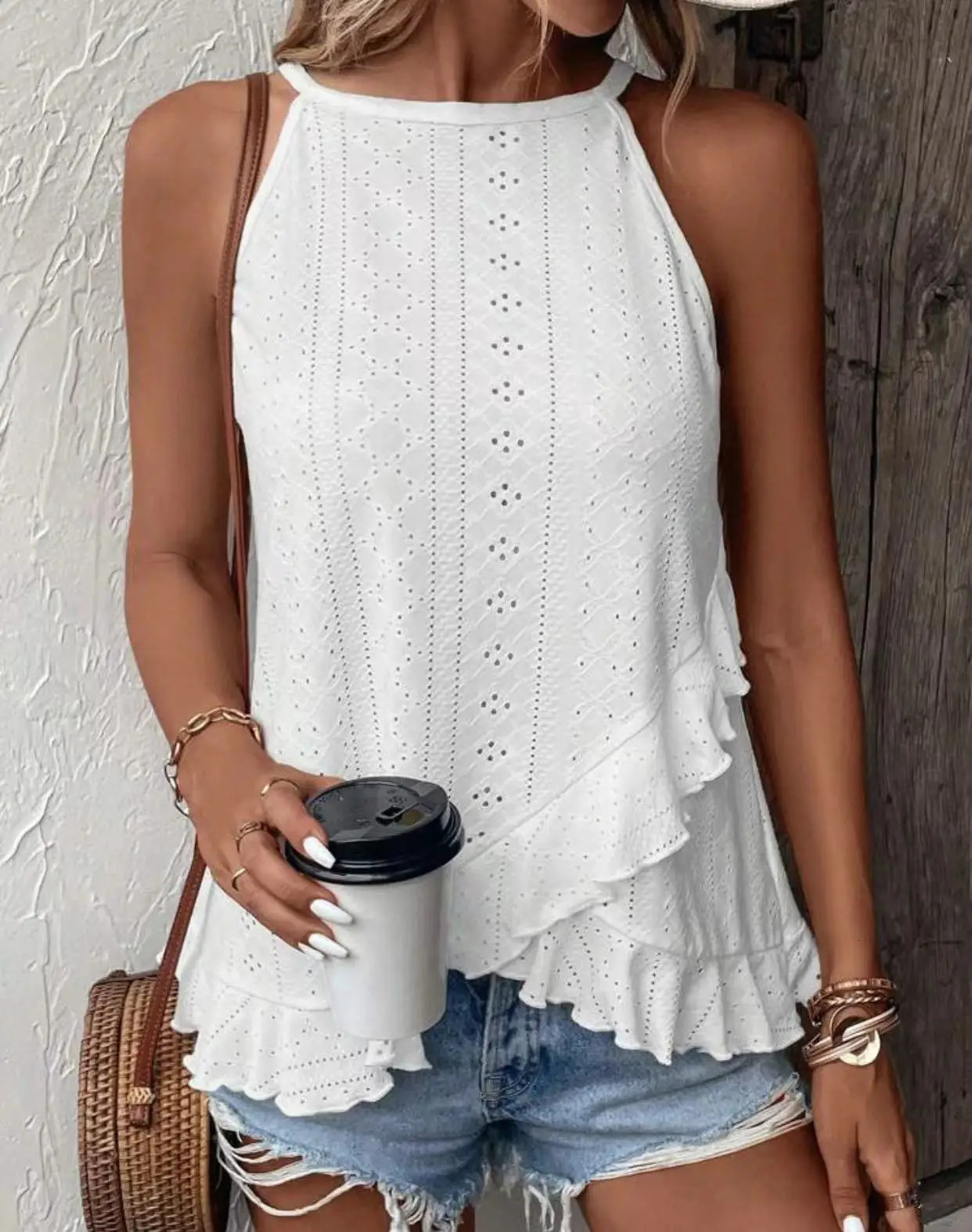 Womens plain eyeliner embroidery ruffle hem bag vest top casual round Nech sleeveless summer womens daily clothes 250414Z