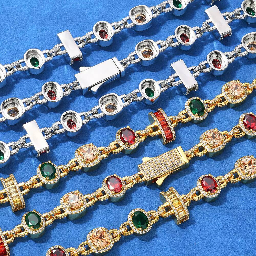 Hip Hop Style Fine Jewelry 925 Silver 15mm Geometric Colorful VVS Moissanite Charm Chain Bracelet for Men Women