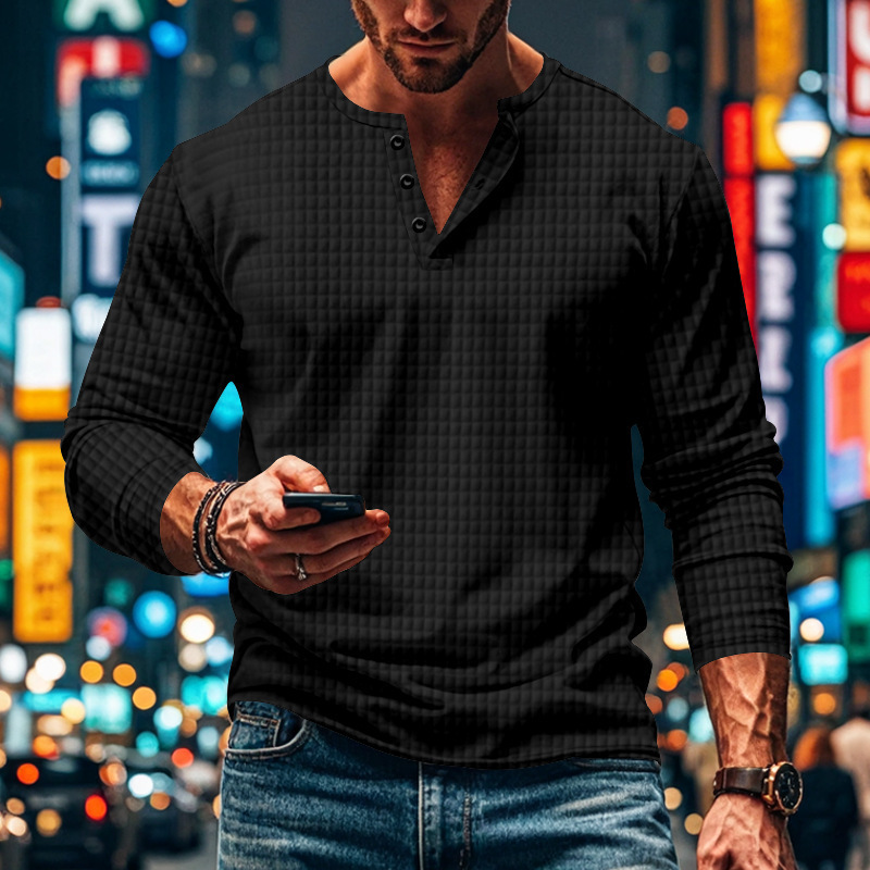 Autumn and winter temu small grid casual sports breathable mens long sleeved T-shirt mens casual Henry shirt