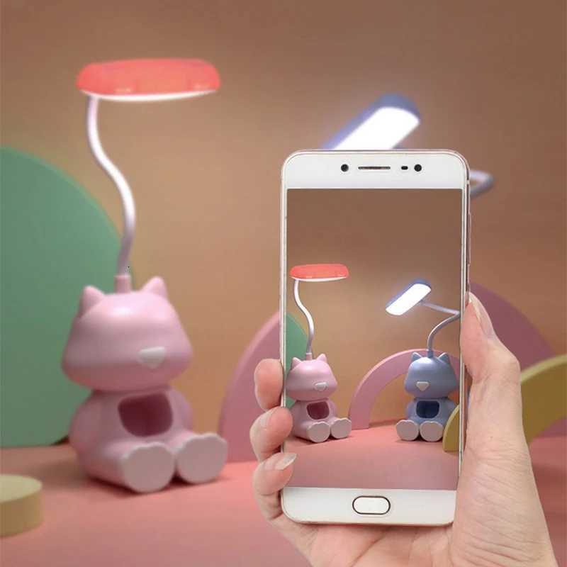 Cute Cat Flexible Led Study Desk Lamp with Phone Holder Bedside Color Adjust Table Lamp for Kids Student Room M251114