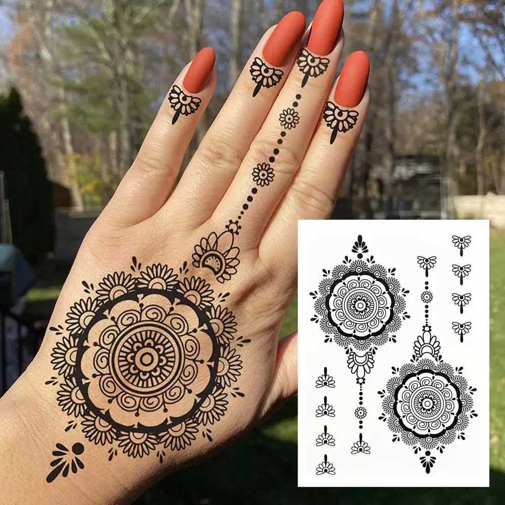 Black Fingernail Flower Tattoo Stickers for Temporary Tattoos on Womens Hands Butterfly Mehndi Flower Fake Tattoos Mandala Body ArtXJ25414