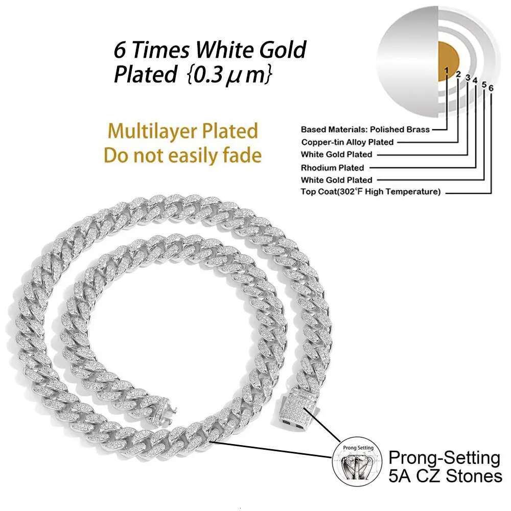 ESKEEM 12mm Hip Hop Jewelry Iced Cuban Link Chain Bling Brass CZ Cuban Choker For Women 2 Rows Necklace Plating White Gold