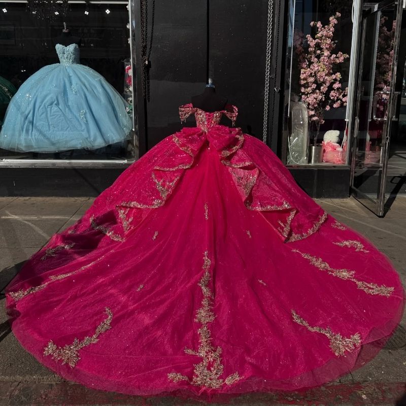 Rose Red Shiny Quinceanera Dresses Ball Gown Off Shoulder Appliques Lace Beading Crystal Bow Tull Sweet 16 Dress Vestidos De 15 Anos 4N14