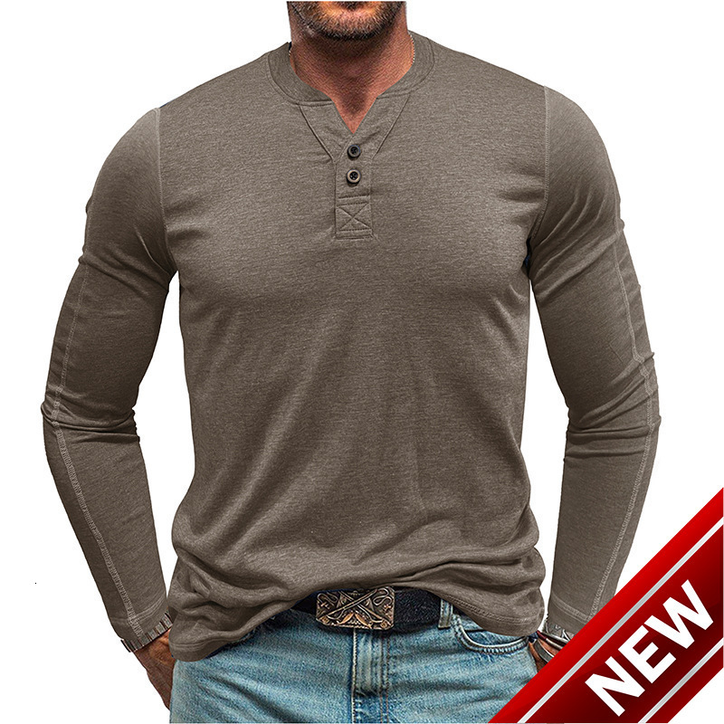 2025 mens American long sleeved mens T-shirt mens Henry collar base shirt autumn and winter elastic cotton
