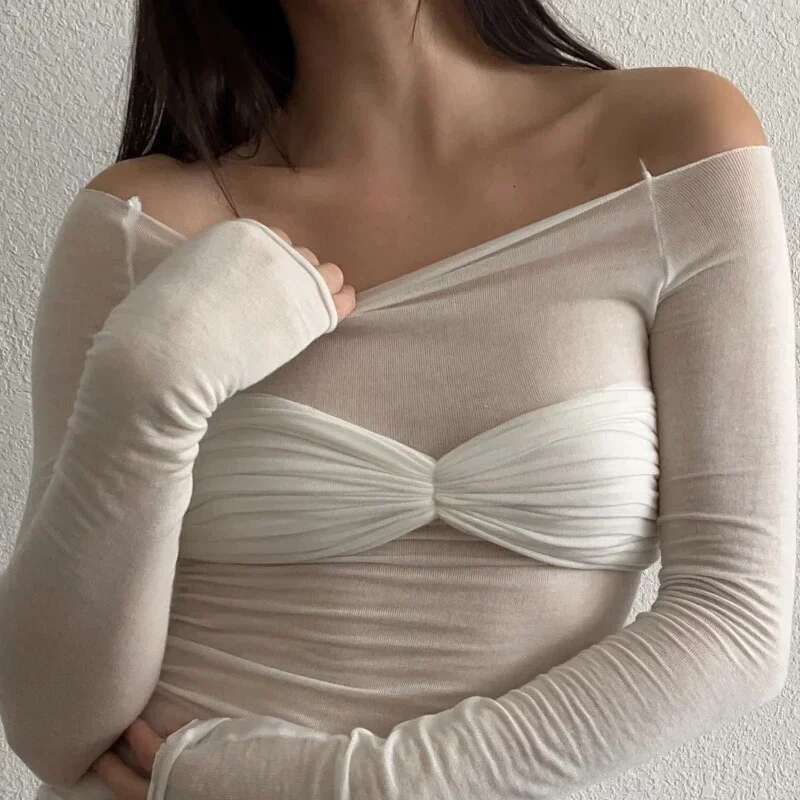 Sexy See Through Mesh Women White Off Shoulder Long Sleeve Ruched T-shirt Female Spring Skinny Casual Streetwear