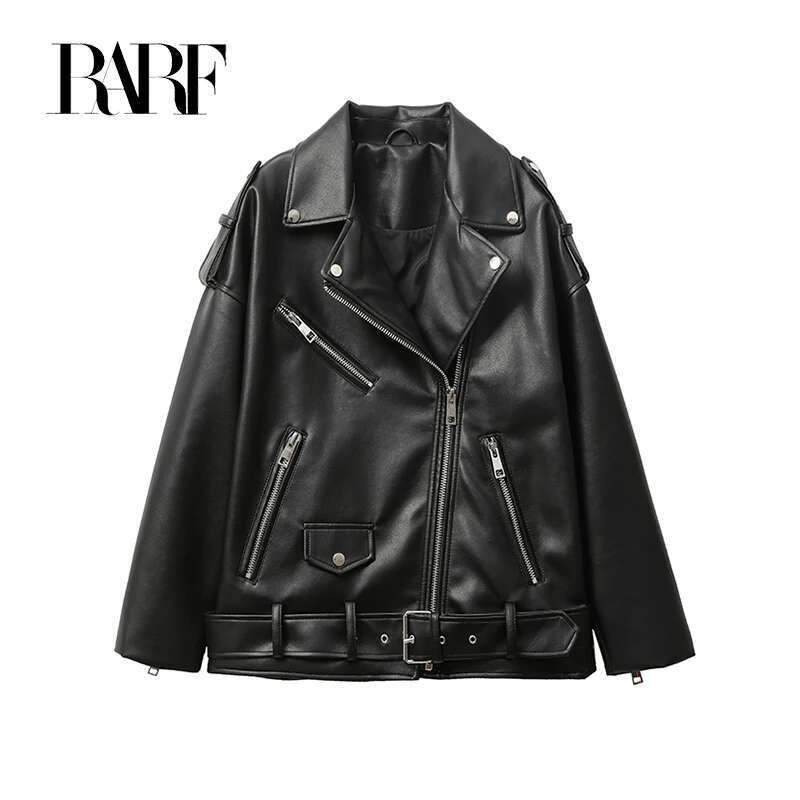 Designer Clothes RARF New 2024 Women's Motorcycle PU Imitation Leather Loose Black Jacket