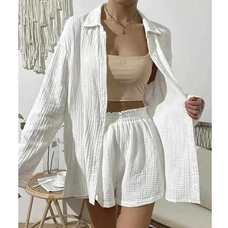 100% pure cotton Gauze womens slim fit set with 2 long Sve shirts and loose high waisted mini shorts set for womenXJ250414